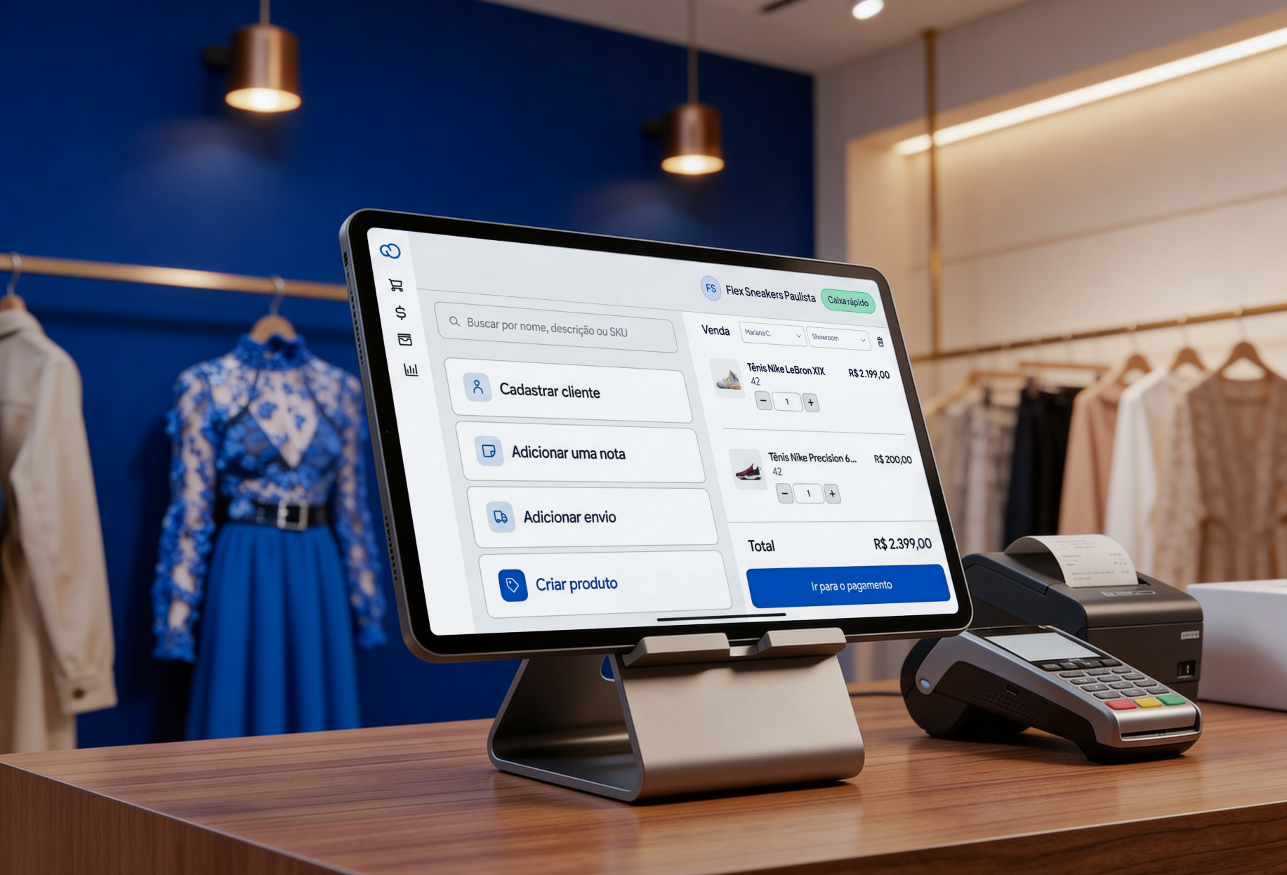 PDV Nuvemshop em loja física com tablet e maquininha