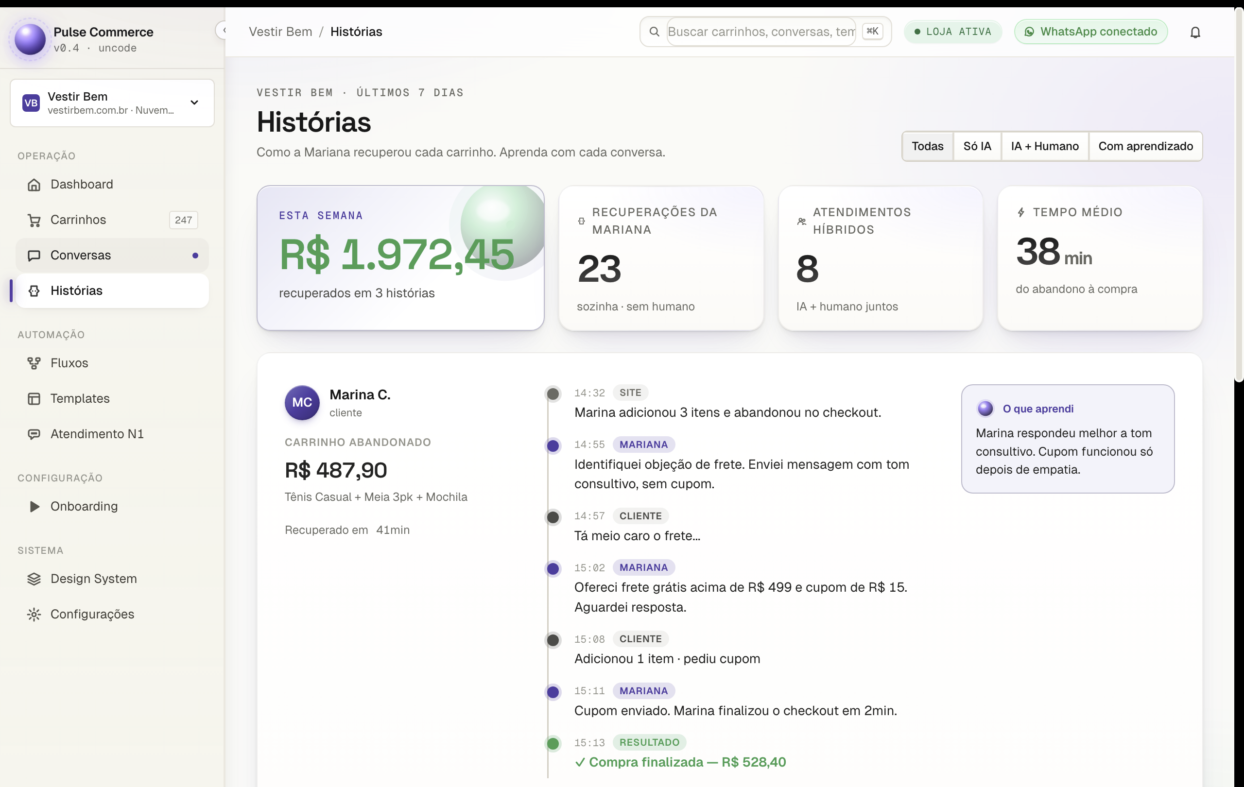 Timeline de recuperação de carrinho com aprendizado